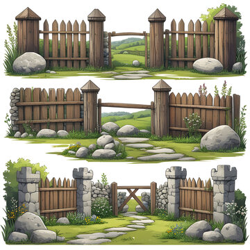 Old fences cartoon vector set medieval timber wood stones boulders palisades walls rock gates countryside decorative fortifications rural garden elements isolated illustrations on white