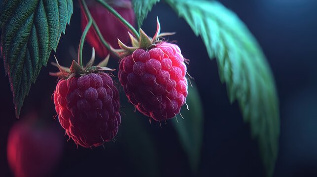 Raspberries in the Glow:  Vibrant red raspberries, ripened to perfection, hang delicately from their stems, their textures and colors highlighted by a soft, inviting light. 