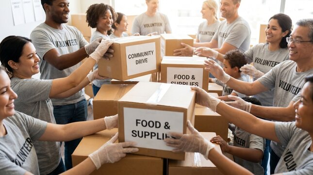 Volunteers handing food boxes to people in need with smiles and teamwork