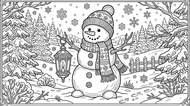 Detailed winter coloring page featuring a happy snowman wearing a patterned hat and scarf, holding a glowing lantern outdoors