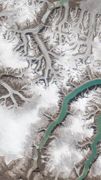 Panoramic shot on glaciers flowing into fjords. Camera is moving forward. Vertical video. Animation based on image by NASA