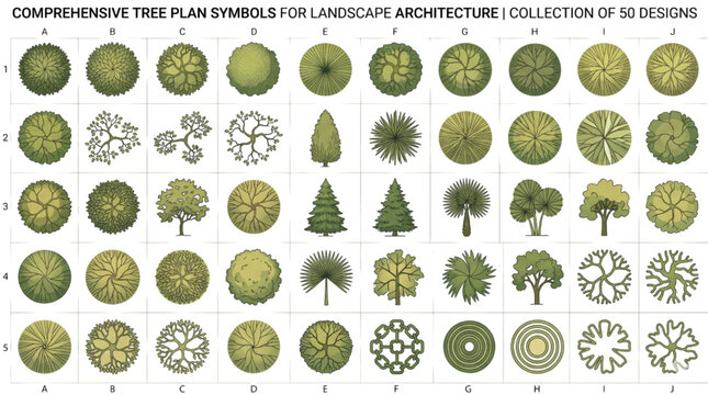 Diverse collection of top-down tree plan CAD symbols for architectural and landscape design projects, featuring a comprehensive array of botanical elements for urban planning