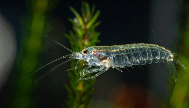 Close-up macro of transparent freshwater cyclops copepod with single eye on green plant