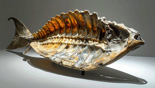 Close-up of articulated ichthyosaur flipper fossil cast in museum display