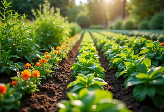 Elegant Companion Planting Layout in a Permaculture Garden Flourishing Biodiversity