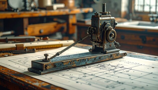 Close-up of vintage mechanical drafting pantograph arm on wooden desk