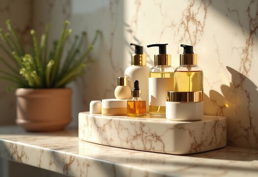 Exquisite Spa Luxury Display on Polished Marble Shelf Featuring Organic Beauty Products