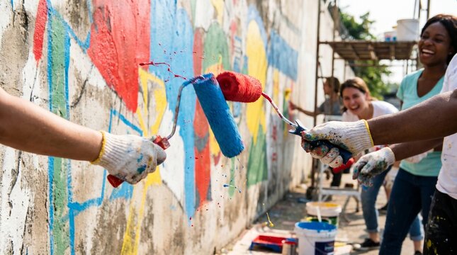 Volunteers engaging in community volunteering work with paint rollers and brushes on a colorful mural wall.