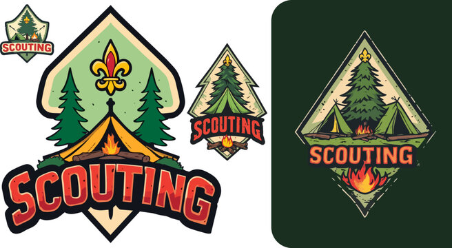 Vintage scouting badges with camping tents and pine trees, retro outdoor adventure emblems, wilderness scout camp logos with campfire and fleur-de-lis