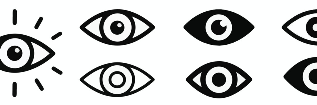Stylized Eye Icons in Black and White Keywords: eye, eyes, vision, sight, looking, observe