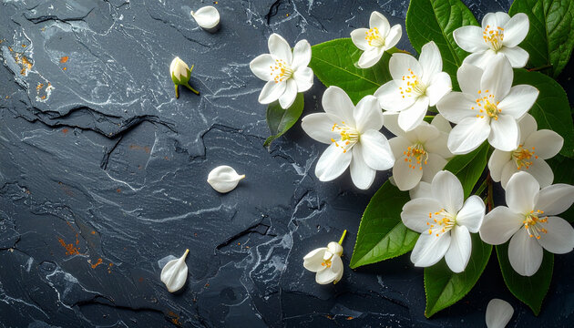 Jasmine blossoms on dark stone surface
