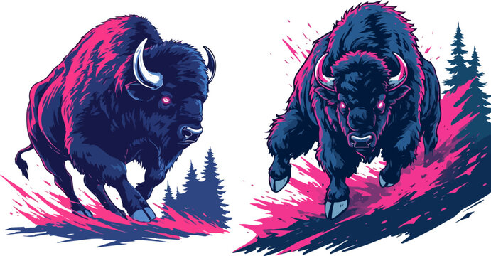 Powerful charging bison vector illustration set, aggressive buffalo mascot with glowing eyes, wild american bison in synthwave pink and navy blue colors