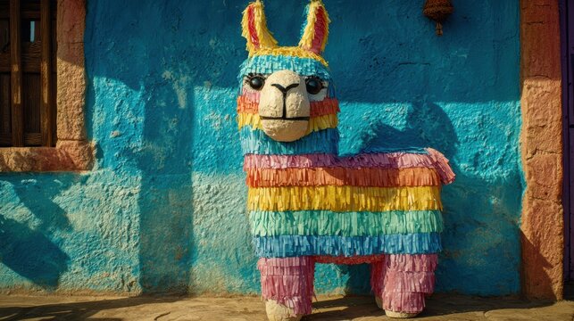 Festive Llama Pinata: A vibrantly colored llama pinata stands against a textured, sun-drenched wall. Capturing the essence of joy and celebration.