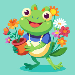Obraz premium Cute green frog sitting on flower cartoon vector illustration playful pond animal design