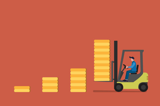 Businessman driving forklift loading growth coin, financial success depicted through stacked coins