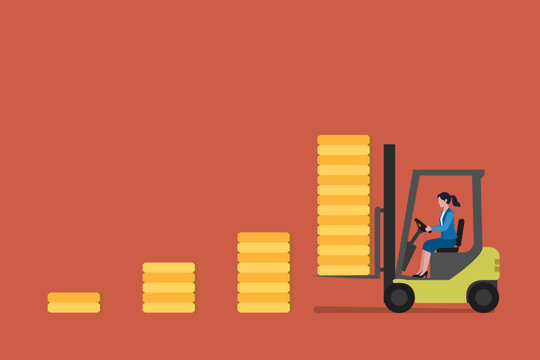 Business woman driving forklift loading growth coin, financial success depicted through stacked coins