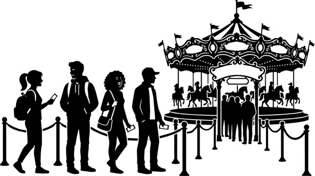 People wait in line for a carousel at an amusement park behind rope barriers with silhouetted horses.