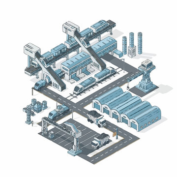Isometric illustration of a modern transportation hub with trains, trucks, and industrial buildings.