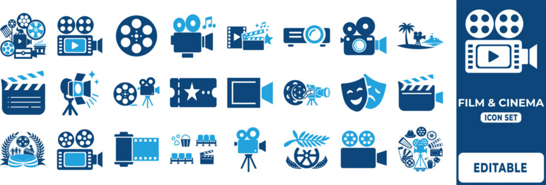 Flat Film and Cinema Icon Set with Movie Production Elements