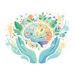 Obraz premium Colorful illustration of human hands holding brain with flowers and symbols mental health concept