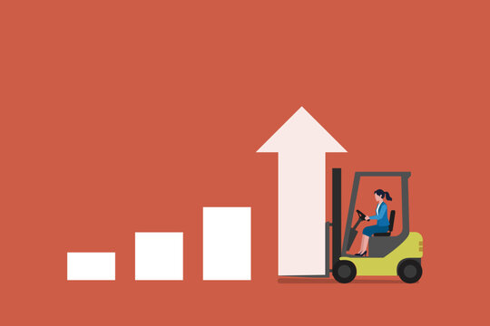Business growth concept illustration showing forklift operator lifting upward arrow beside rising bar chart, symbolizing profit growth and success