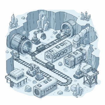 Isometric illustration of a futuristic mining operation with trains and excavators in a crystal-filled cavern.