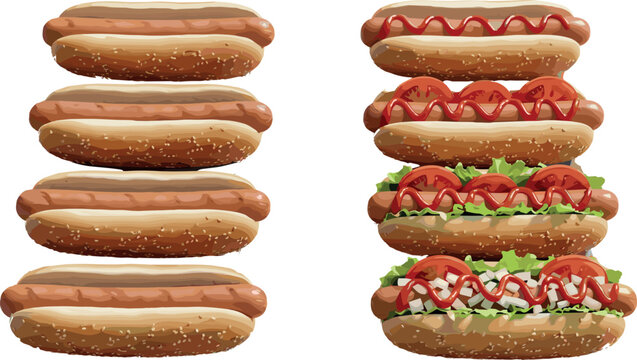Fresh hot dogs vector vector graphic element set featuring sesame seed buns with ketchup sliced tomato fresh lettuce and diced onions on white background