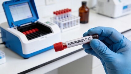 Naklejka premium A gloved hand holds a test tube labeled Coronavirus Test near a medical device.