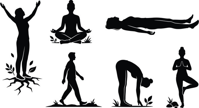 Six yoga poses and stretching illustrations isolated on white background, Vector