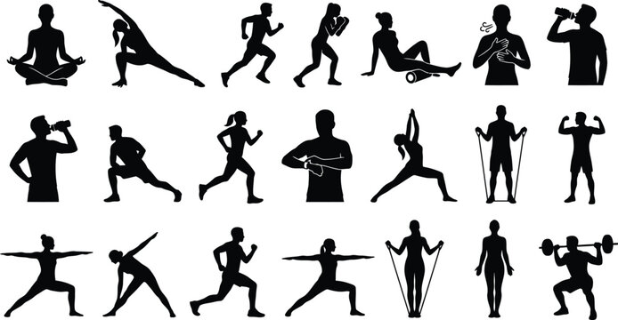 Black and white exercise and yoga poses icons set isolated on white background, Vector