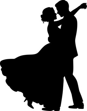 Romantic silhouette of a wedding couple dancing together. Bride and groom in a romantic embrace for wedding invitation and celebration concept.