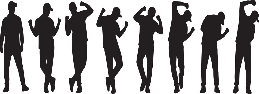 Collection of black male silhouettes in various active poses, some wearing baseball caps, against a white background