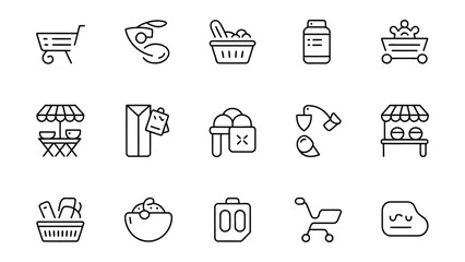 Fototapeta premium Collection of fifteen diverse and modern line art icons representing various shopping and foodrelated concepts with a clean aesthetic