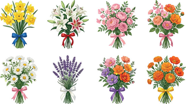 Beautiful flower bouquet collection set vector illustration isolated on white background flat realistic roses lilies lavender and daffodils with colorful satin ribbons