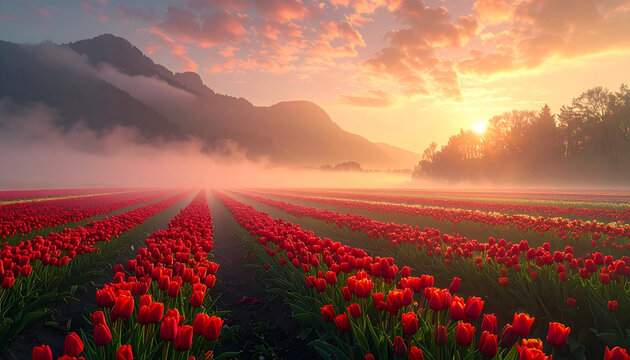 Red tulip field under sunset sky