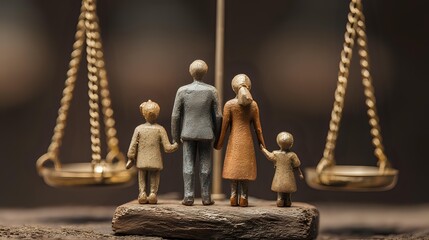 Family figurine facing balanced justice scale, symbolic of equality and protection, soft shadows and clear focus