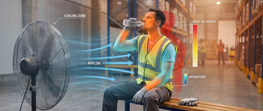 Warehouse cooling zone hydration concept with worker resting by fan in heat recovery