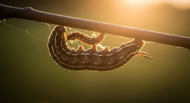 caterpillar manipulated by parasitic worm hanging from branch