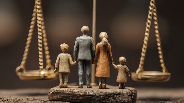 Family figurine facing balanced justice scale, symbolic of equality and protection, soft shadows and clear focus