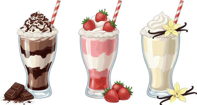 Delicious milkshake collection set vector illustration isolated on white background layered chocolate strawberry and vanilla sundaes with whipped cream ingredients