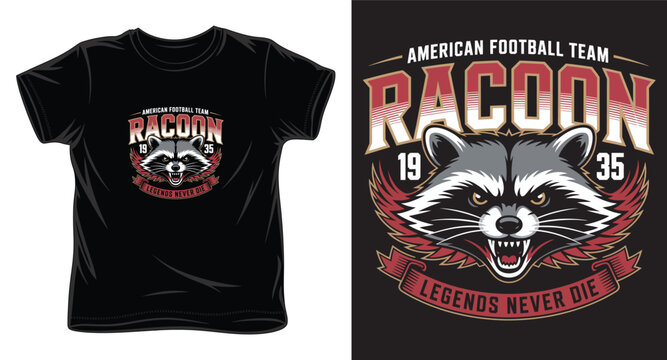 American football team logo design with aggressive raccoon mascot and vintage typography for sports apparel printing.