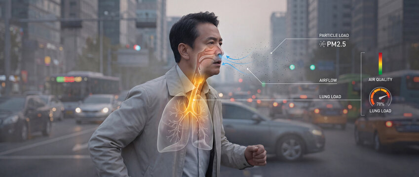 Urban air pollution lung load concept with particulate airflow and respiratory overlay