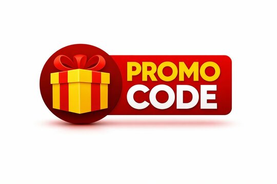 Promo code badge with gift box icon and bold yellow text on red background