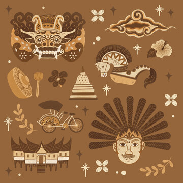 Indonesian Ethnic Elements Illustration for Tourism and Cultural Heritage Design with Barong, Ondel-ondel, and Rumah gadang