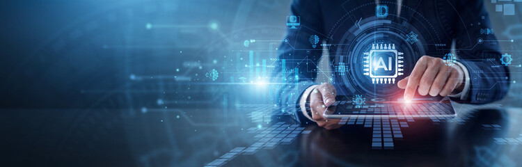 Artificial Intelligence algorithms. Professional using tablet to analyze machine learning models...
