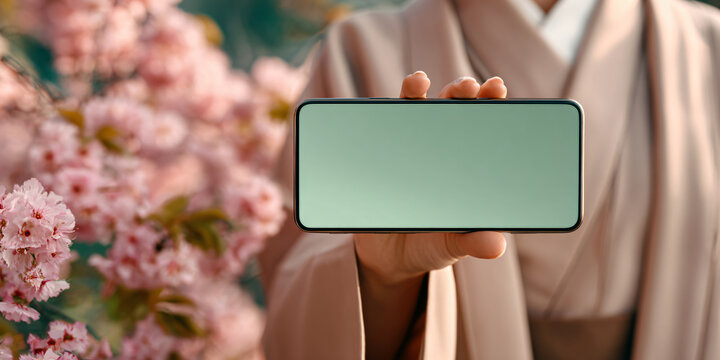 Japanese Graduate in Hakama Kimono Holding Smartphone with Blank Screen