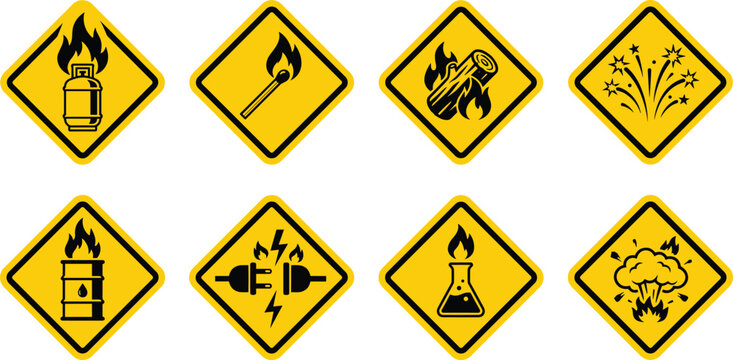 Flammable and Fire Hazard Warning Sign Icon Set with Yellow Caution Diamonds and Combustible Material Hazard Symbols for Industrial Safety Labels and Construction Sites