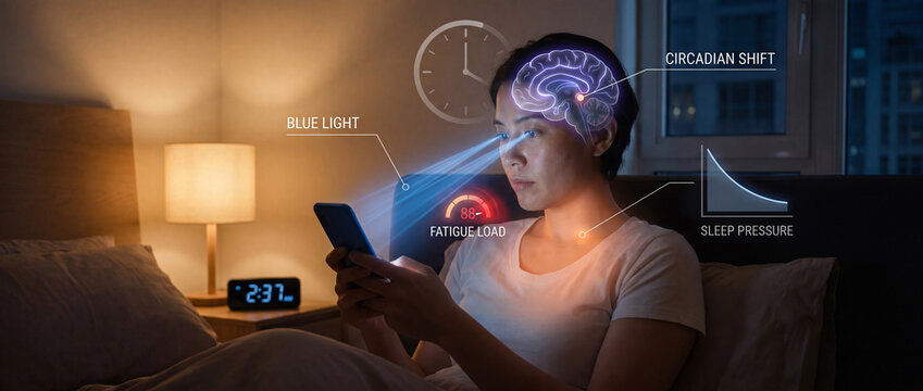 Blue light circadian shift concept with bedtime phone and sleep pressure overlay