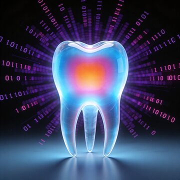 A glowing tooth model displays a vibrant orange and pink center surrounded by blue light with binary code streaming behind it.