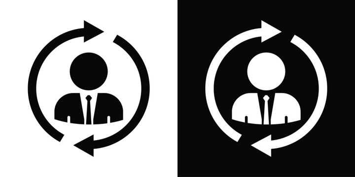 Businessman avatar positioned inside a circular rotation arrow loop, ideal for human resources lifecycle, staff rotation, employee retention, and continuous training.